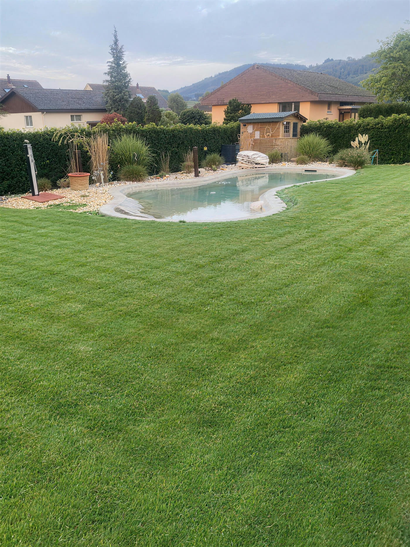 Gepflegter Garten mit Naturpool und frisch gemähtem Rasen